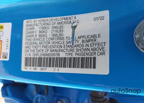 2022 Honda Civic Sport from USA, damaged, VIN 19XFL2H89NE009799